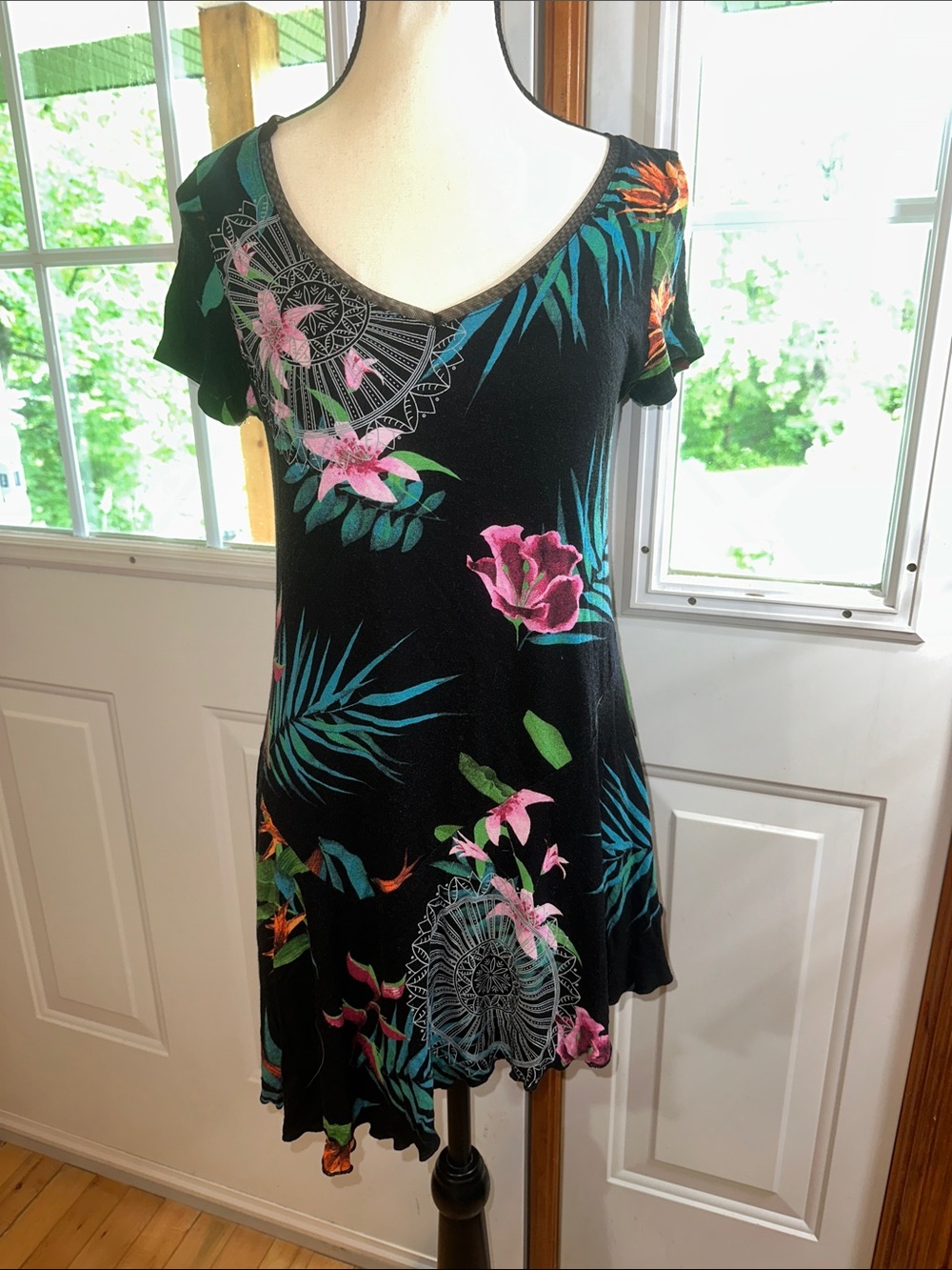Desigual Black Top with Pink Flower and Teal Leaves